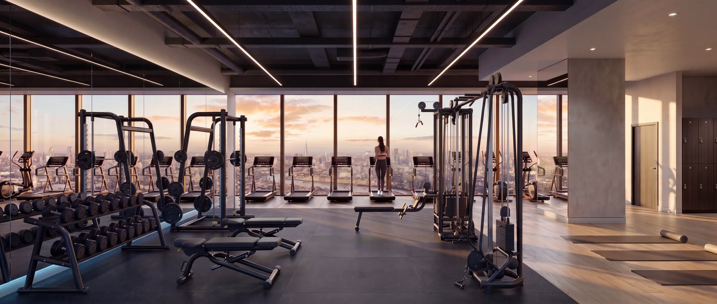 Panoramic render of a fitness floor with strength equipment against a wall of glass at sunset