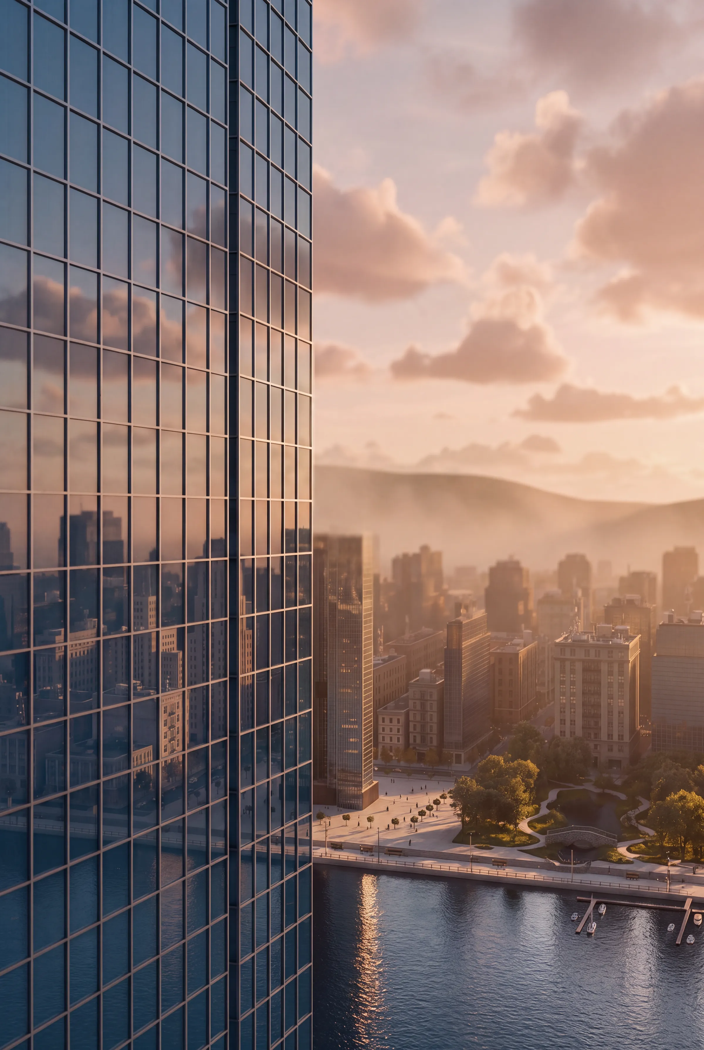 Render looking down past the glass facade of the tower to the river and the district at sunset