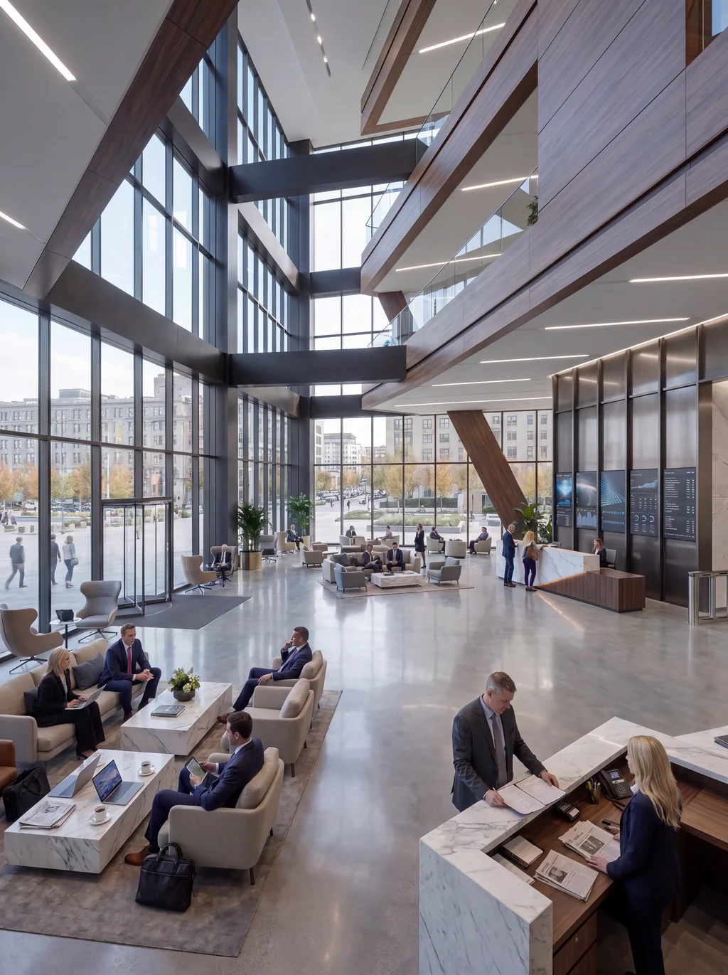 Render of a double-height tower lobby with angled timber beams, a reception desk and lounge seating