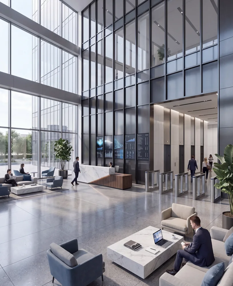 Portrait render of a multi-story glass lobby with a marble reception desk, security gates and lounge seating