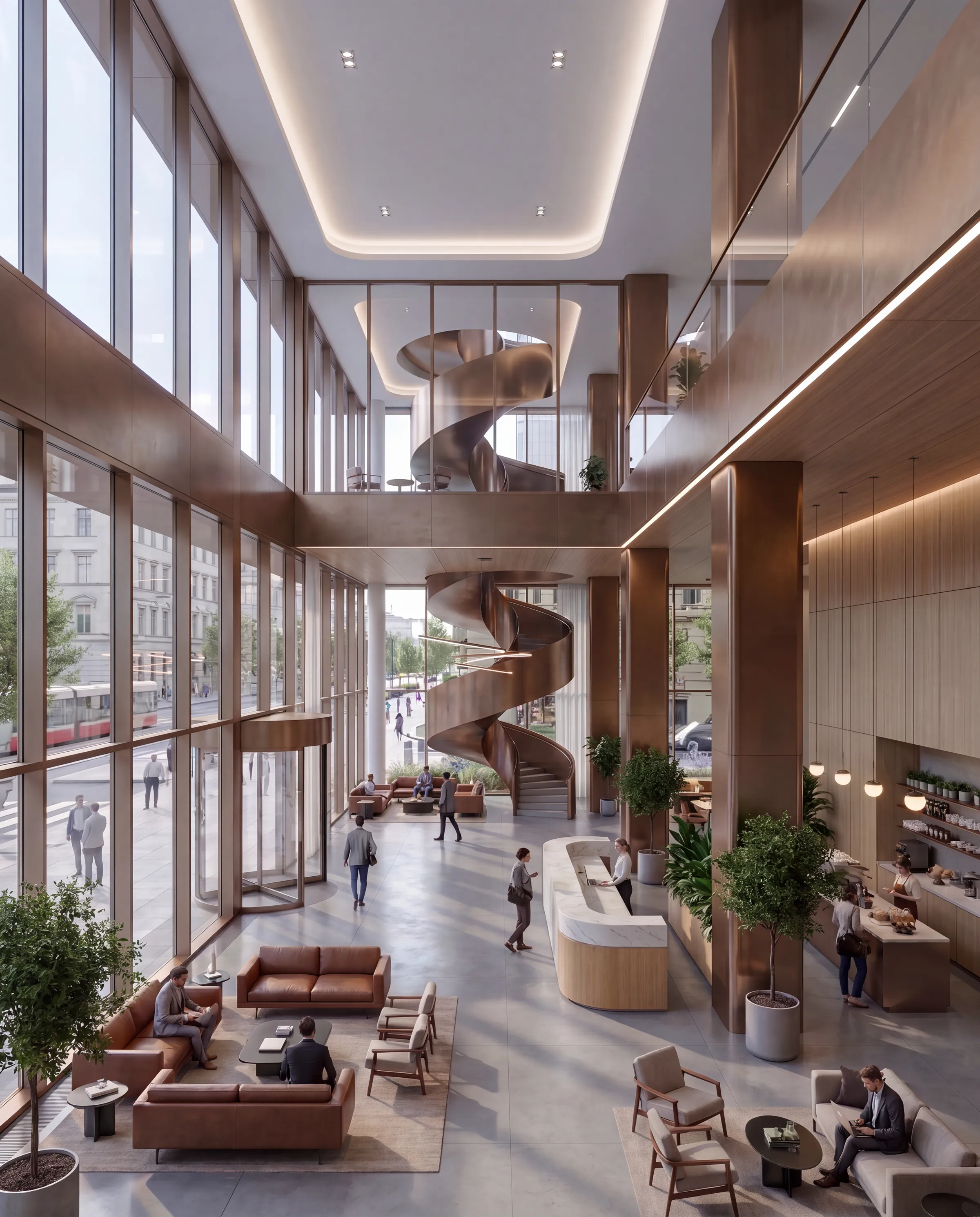 Render of a multi-story lobby with a spiral stair, timber columns and lounge seating behind full-height glass