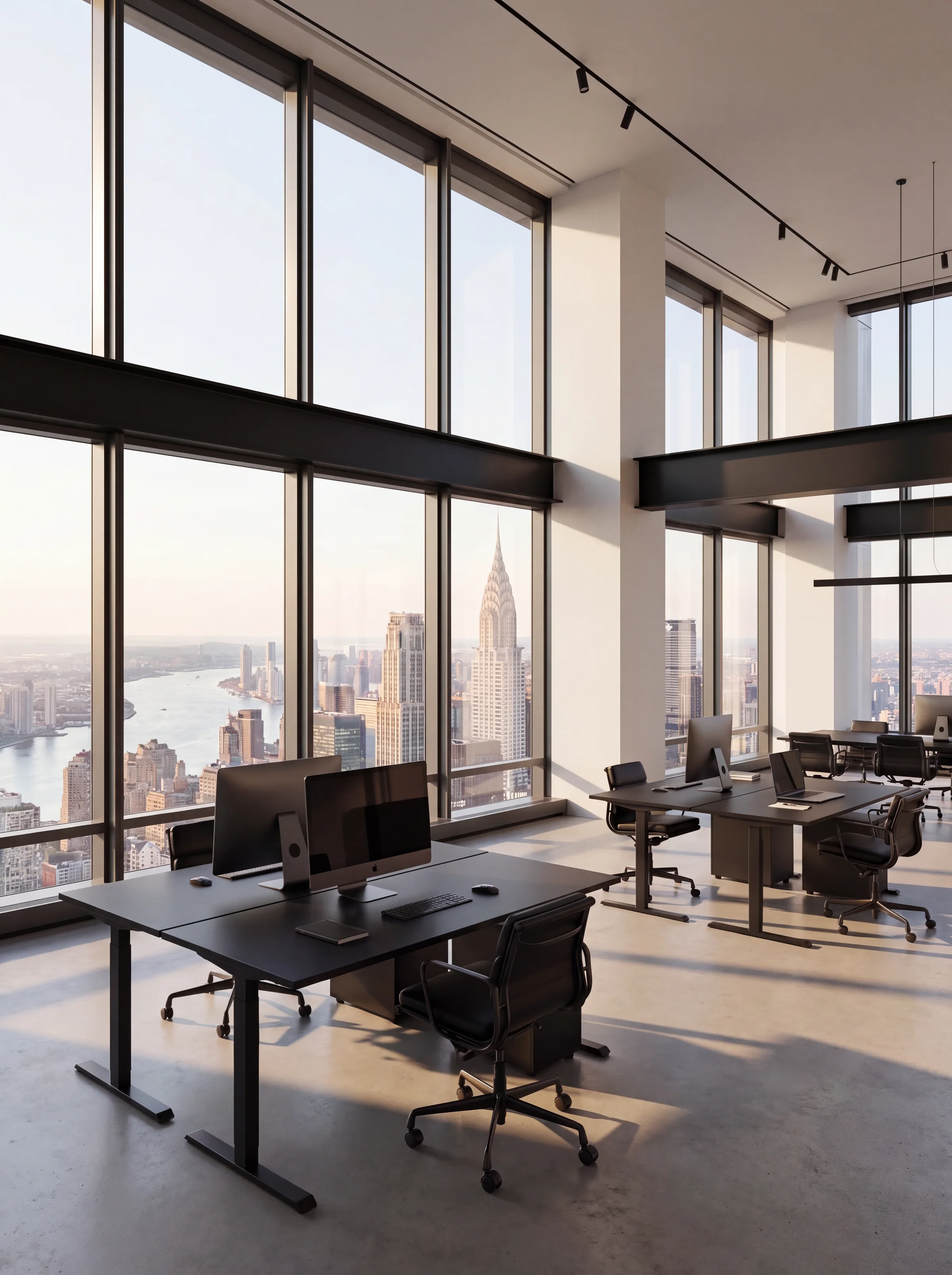 Portrait render of a double-height office with dark desks and tall windows over the city