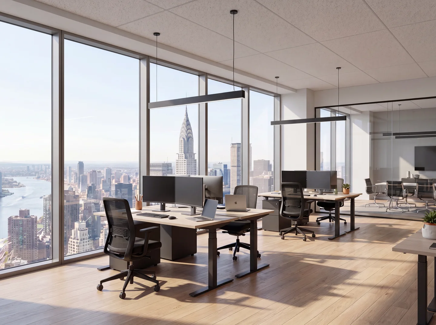 Render of an office floor with rows of workstations and a skyline view through full-height glazing