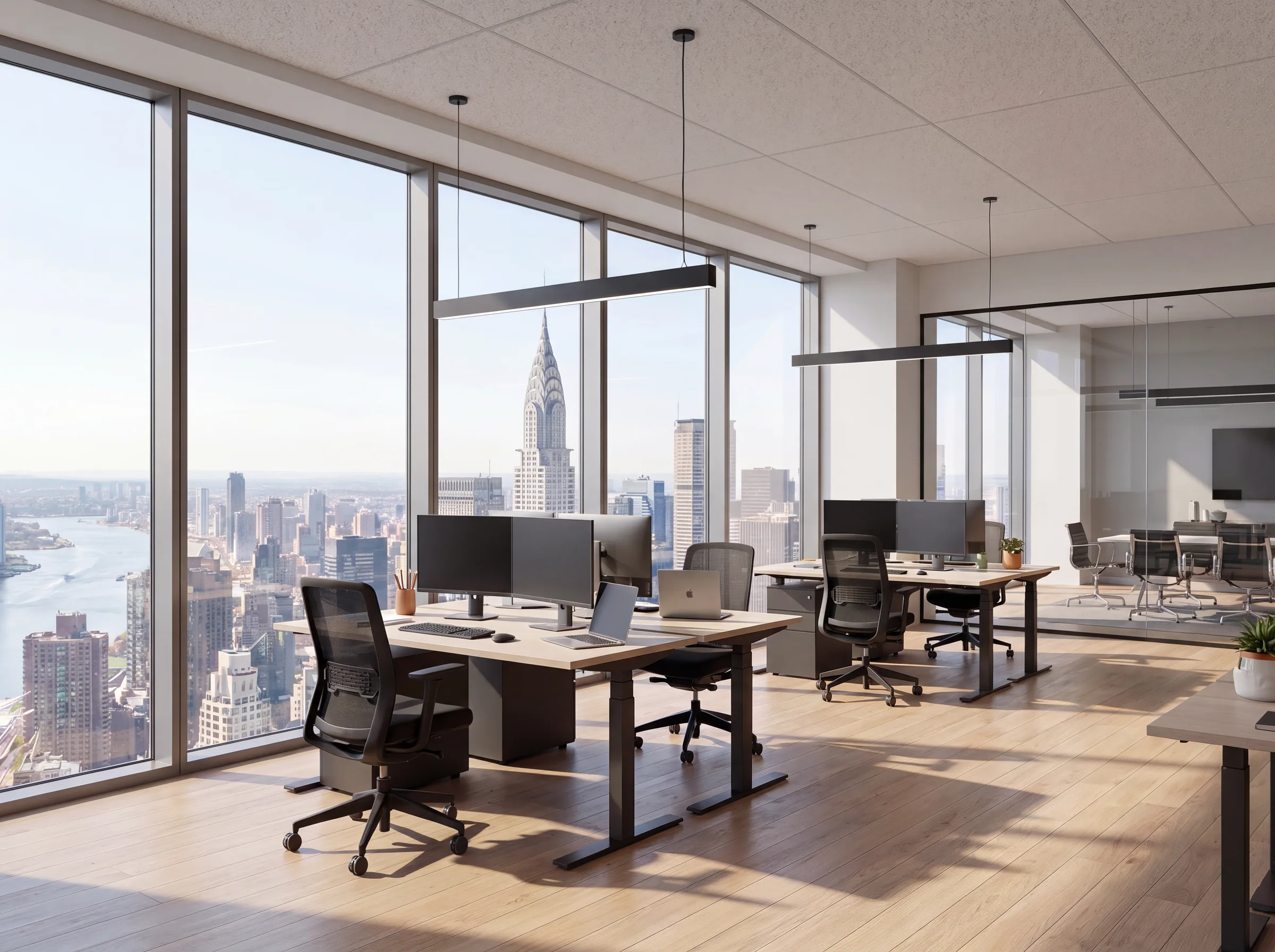 Render of office workstations by a corner window with a view over Manhattan towers