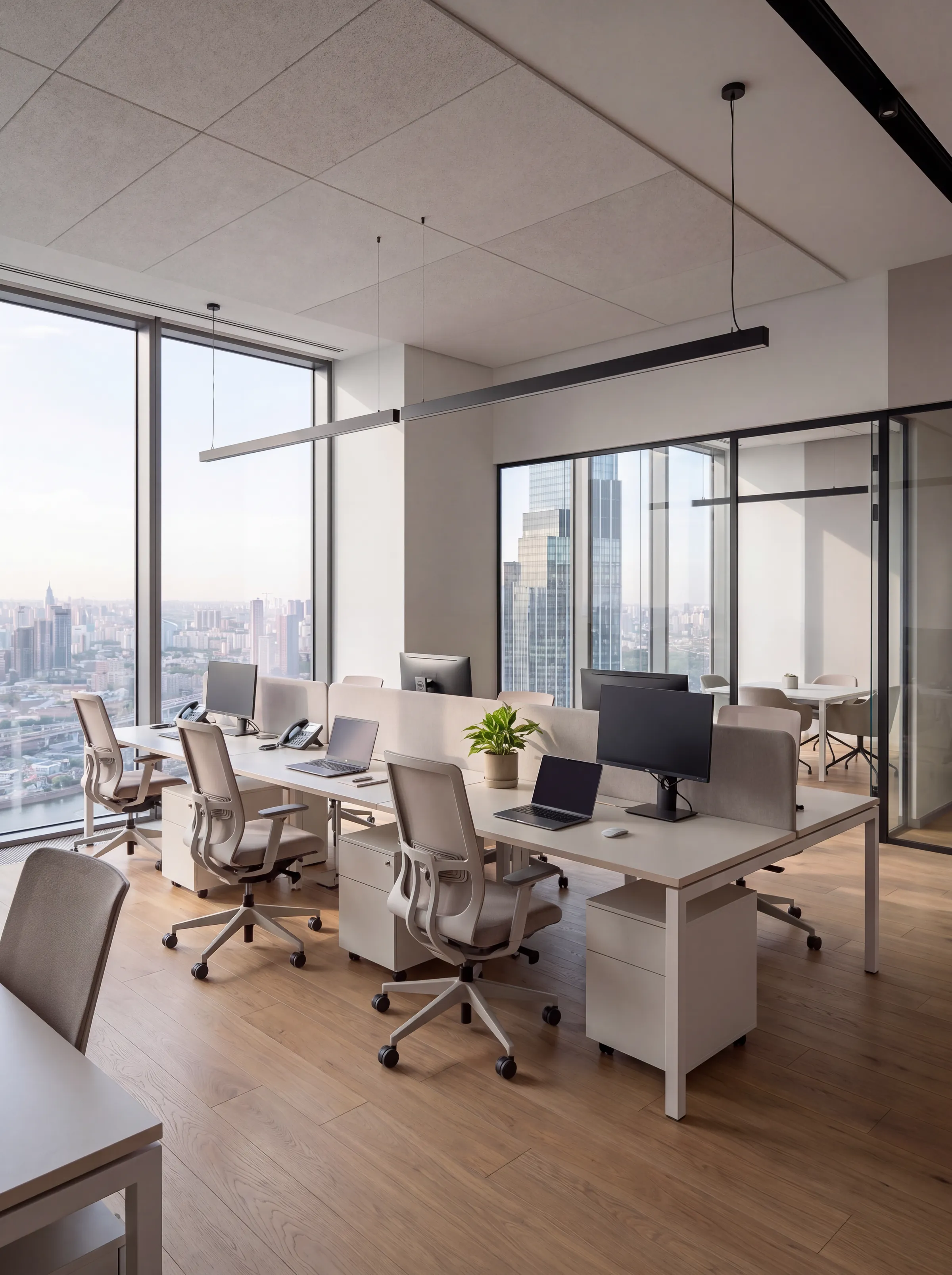 Portrait render of an open-plan office with white desks, task chairs and a skyline view