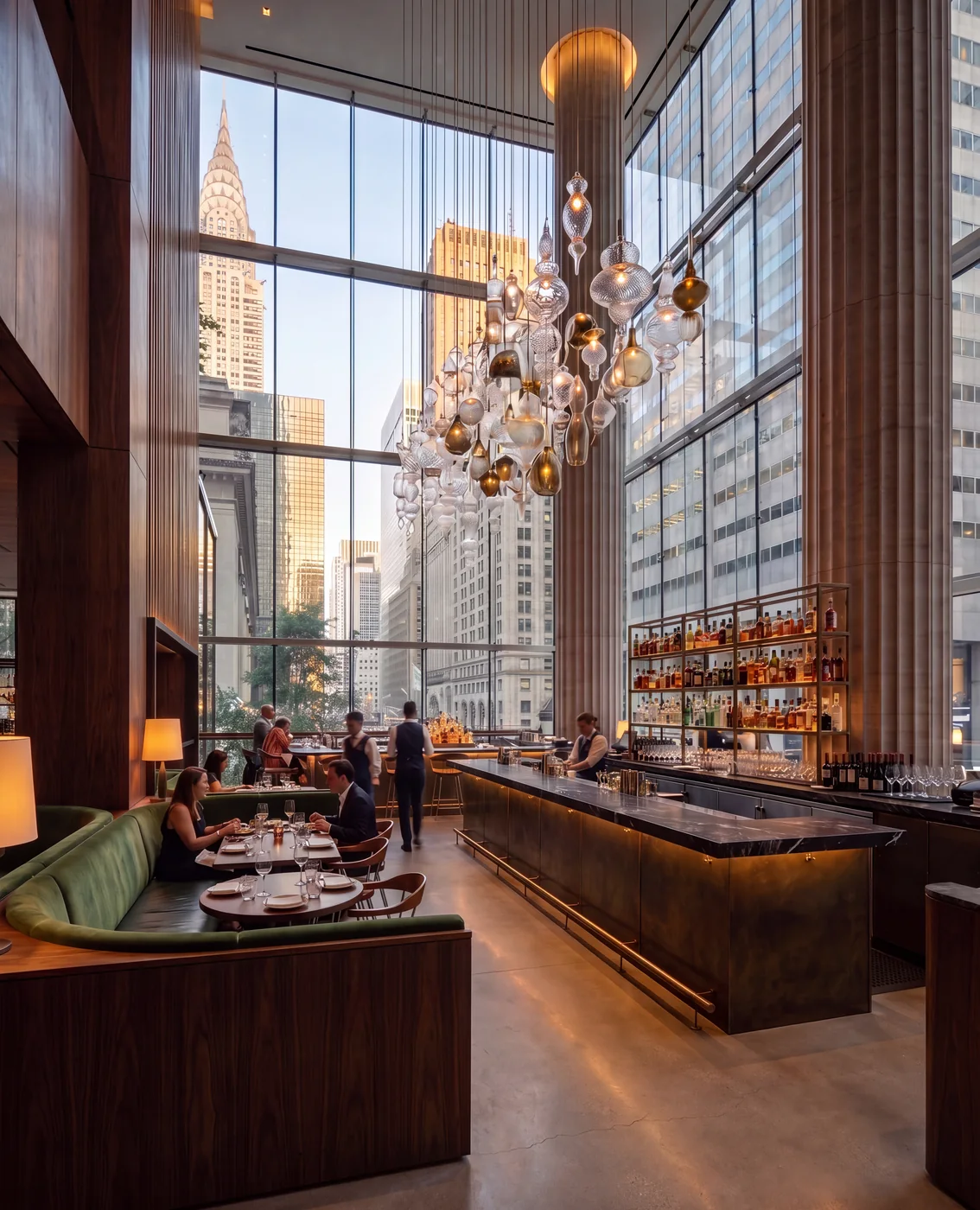 Portrait render of a double-height restaurant and bar with a glass chandelier and the New York skyline outside