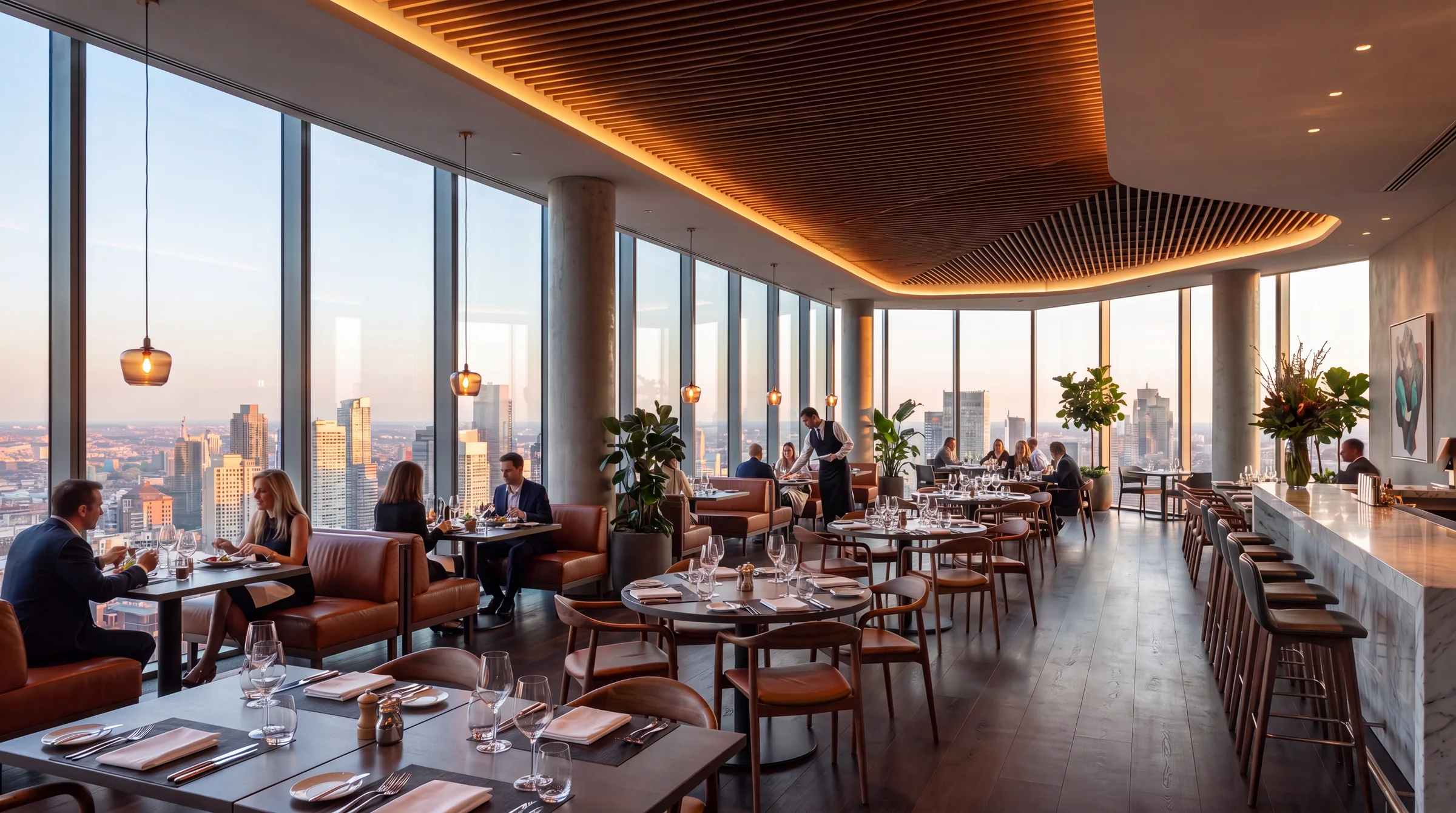 Wide render of a restaurant dining room under a timber ceiling with tables along the glass