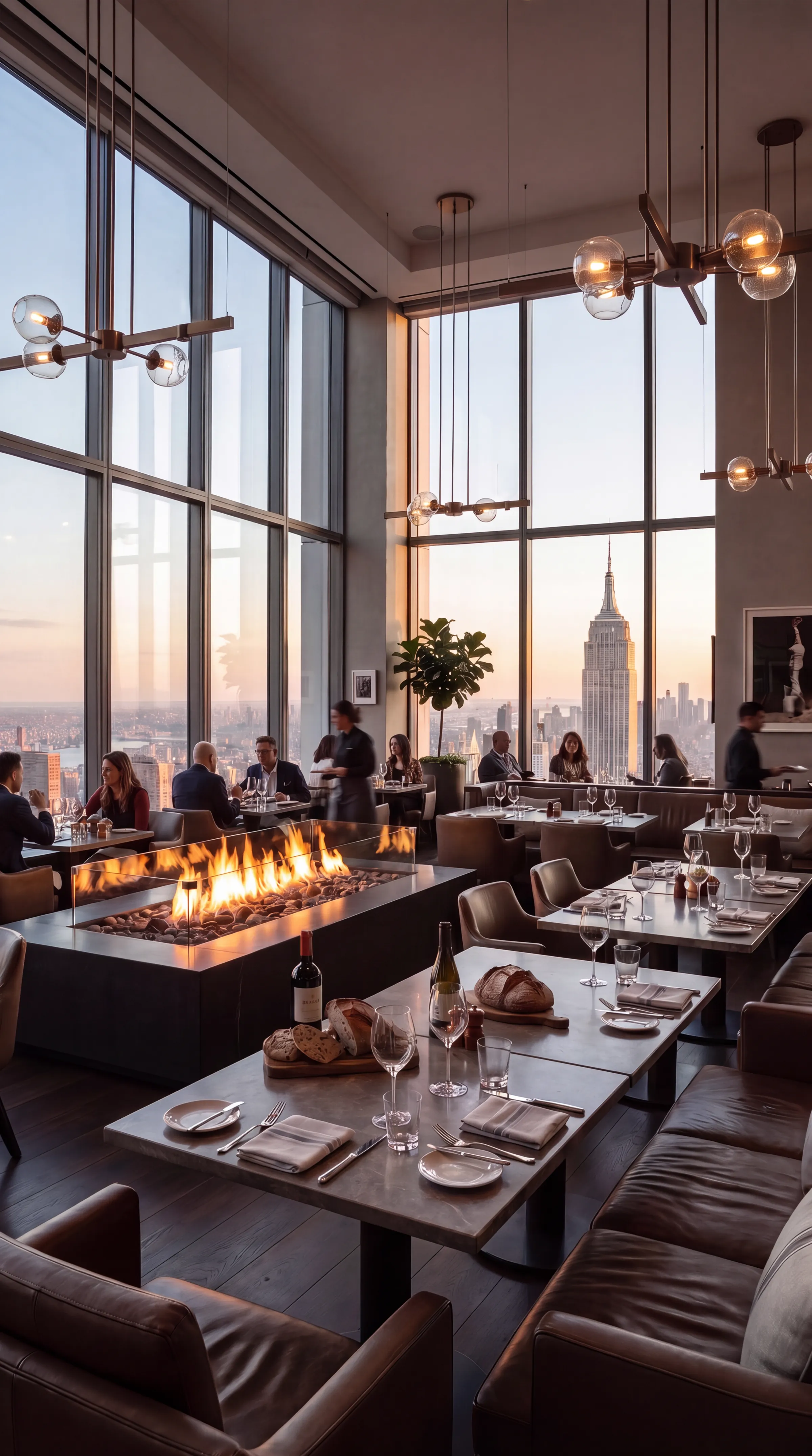 Portrait render of a double-height restaurant with a long fireplace and leather seating at dusk, with lit towers outside