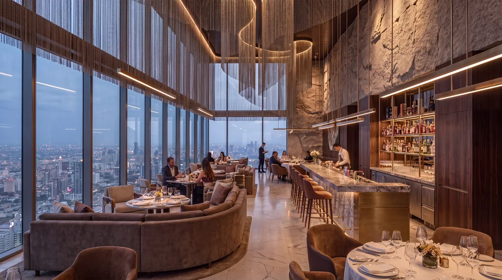 Render of a high-rise lounge with leather armchairs, a long bar and panoramic windows over the city