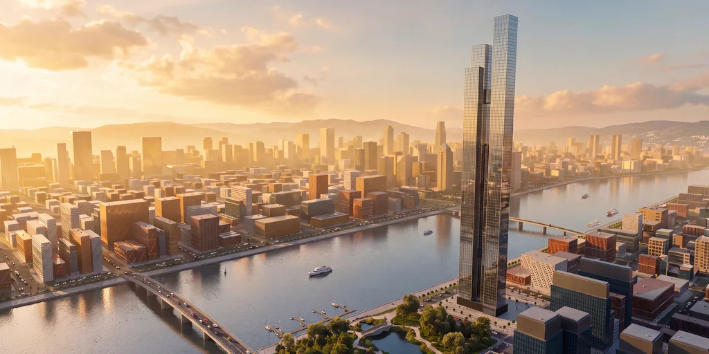 Aerial render of a 550-meter supertall above the river and the city skyline at sunset