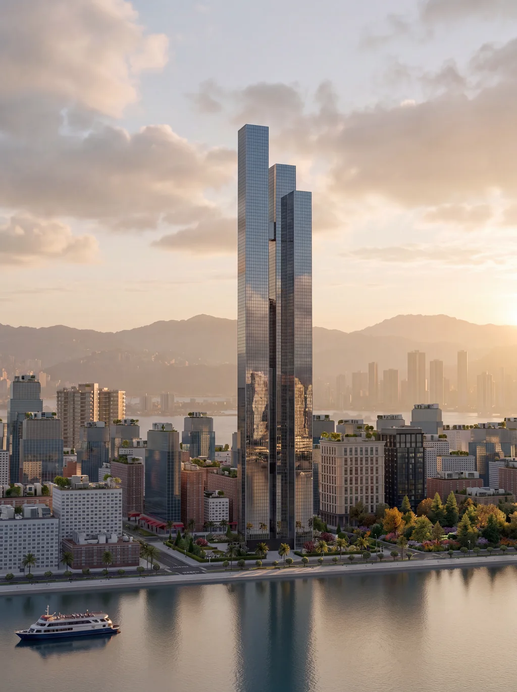 Render of a supertall tower above a riverfront district with a ferry on the water