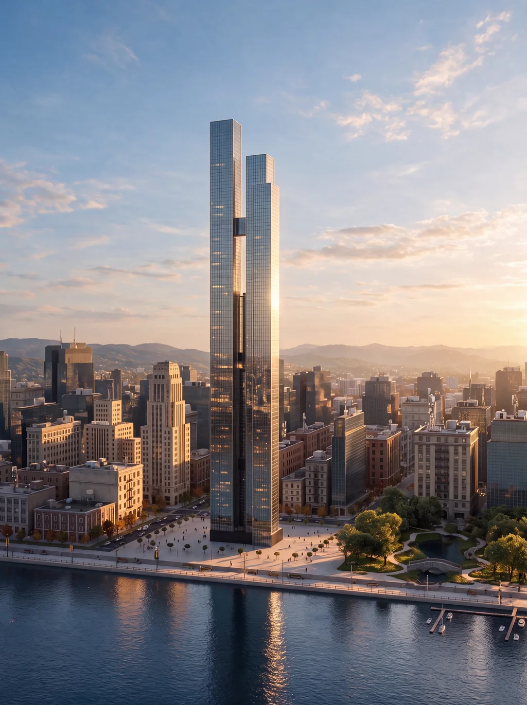 Render of a twin-shaft glass supertall rising above a riverfront district at sunrise