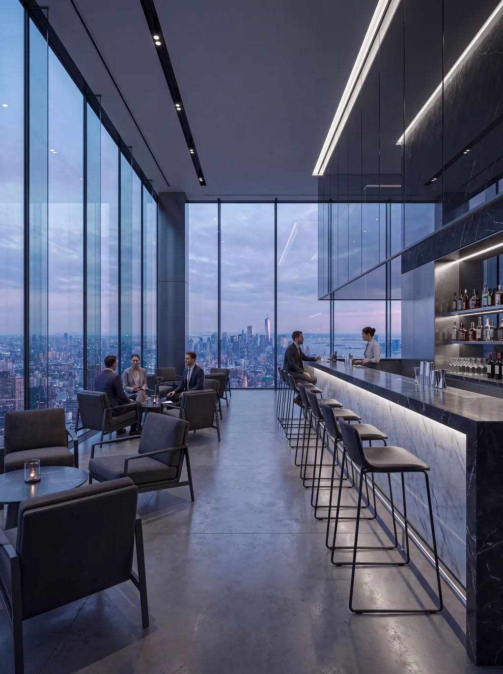 Render of a sky bar with a long marble counter and guests by full-height windows at dusk