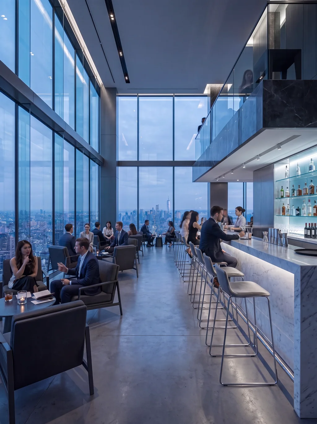 Render of a sky bar with a marble counter and lounge chairs by full-height windows over the city at dusk