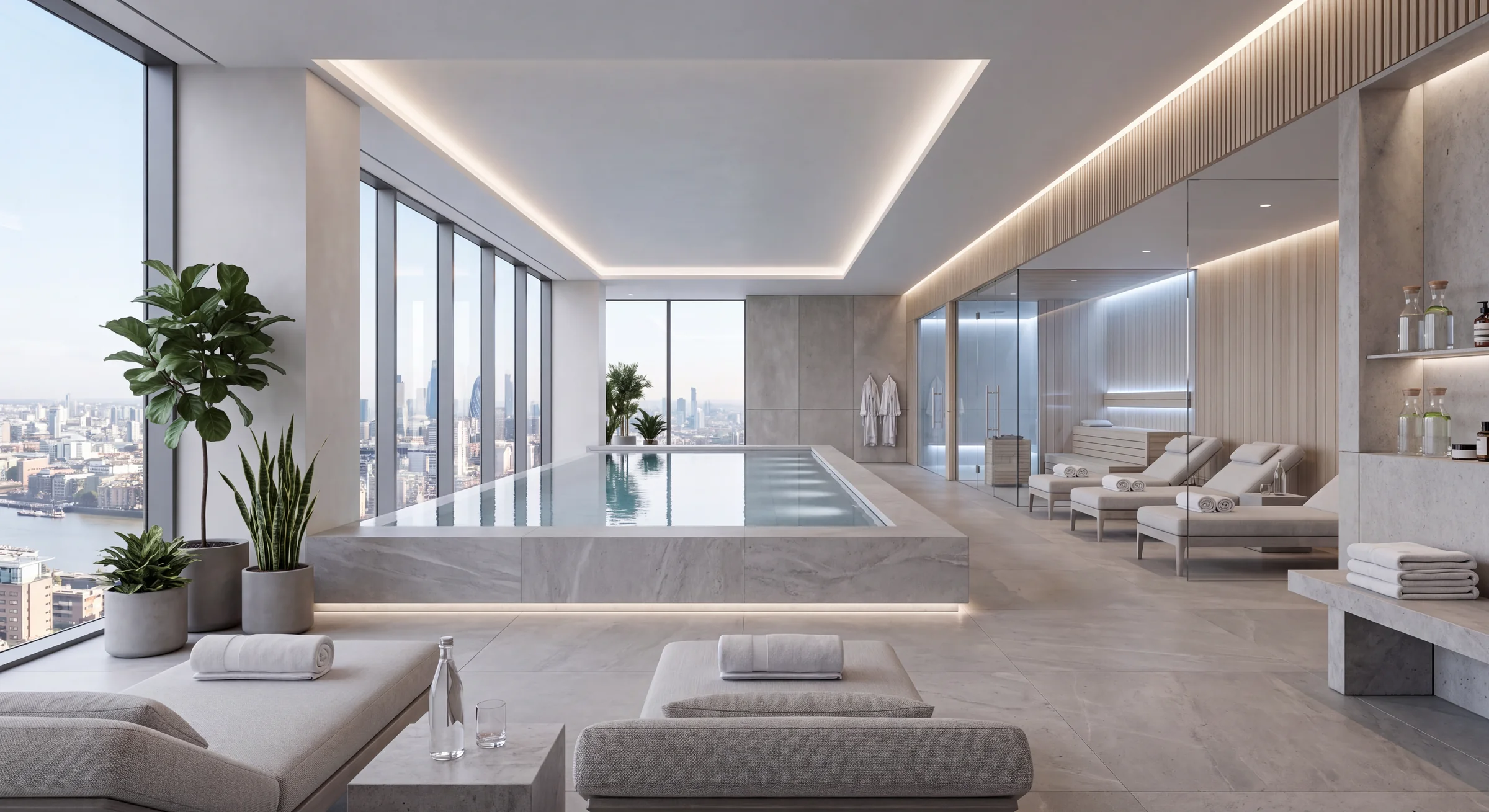 Wide render of a spa with an indoor pool along the glass, loungers and plants above the city