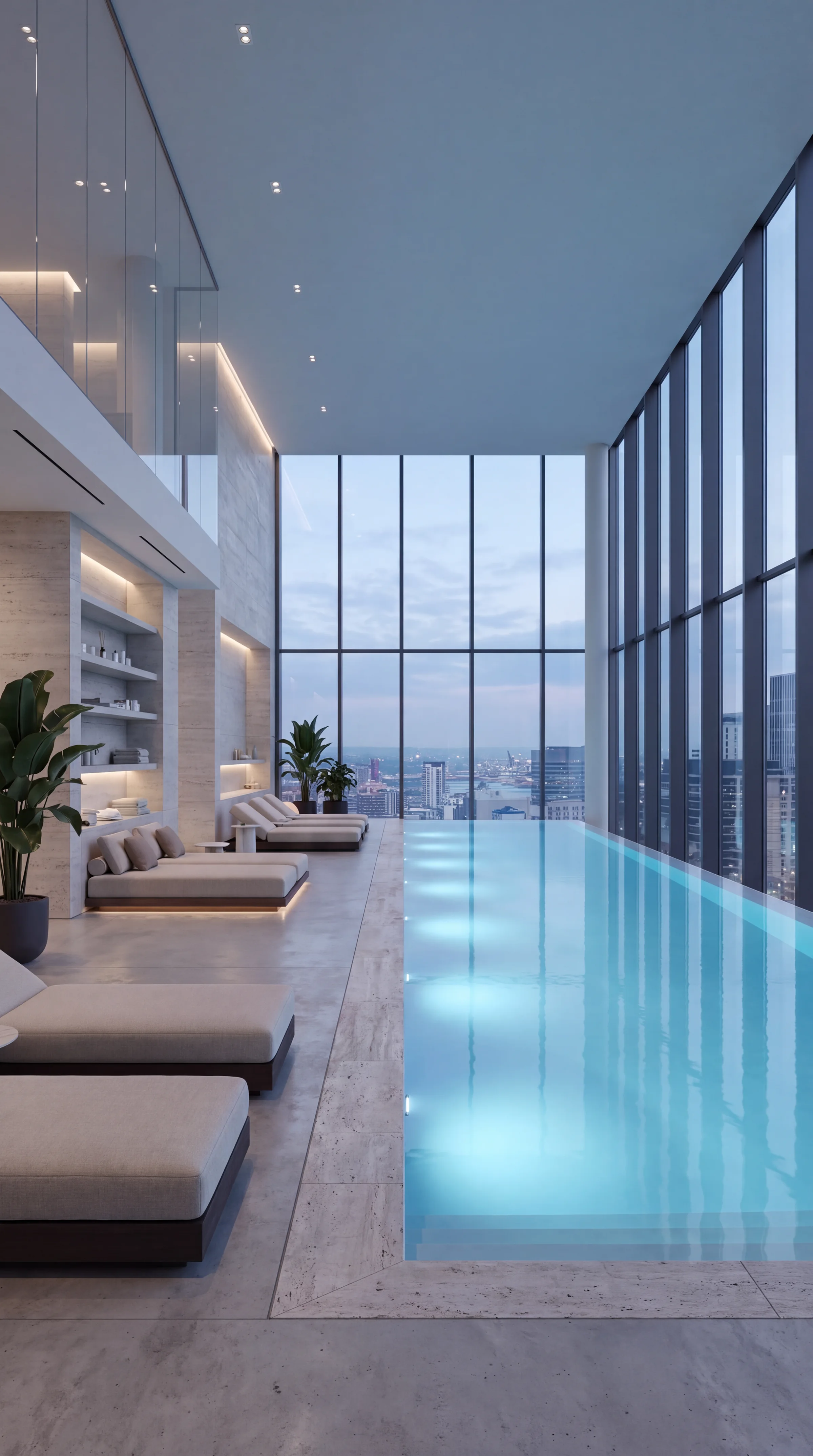 Portrait render of a long indoor lap pool lit in blue beside a glass wall and loungers