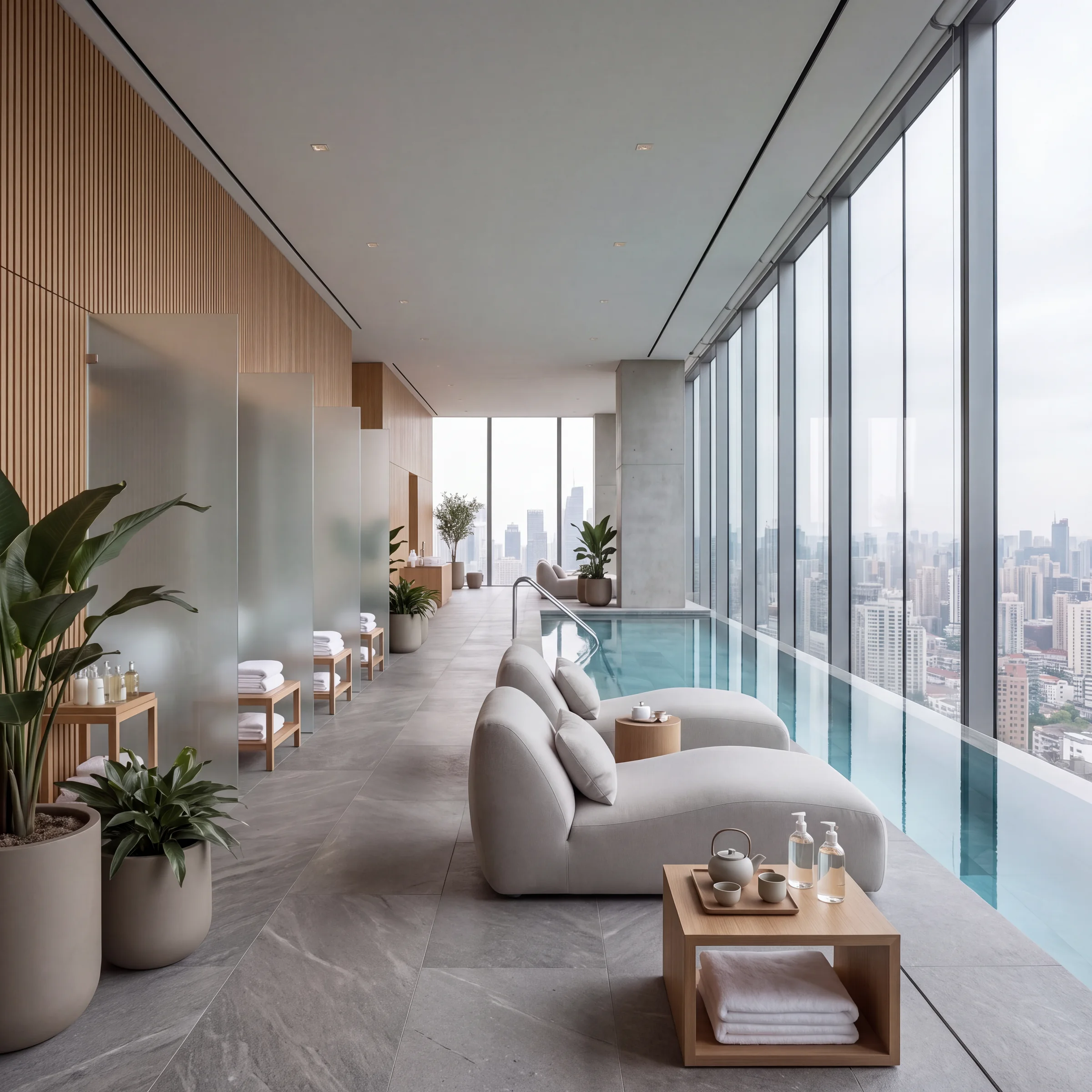 Square render of a spa pool terrace with white loungers, stone floors and a city view