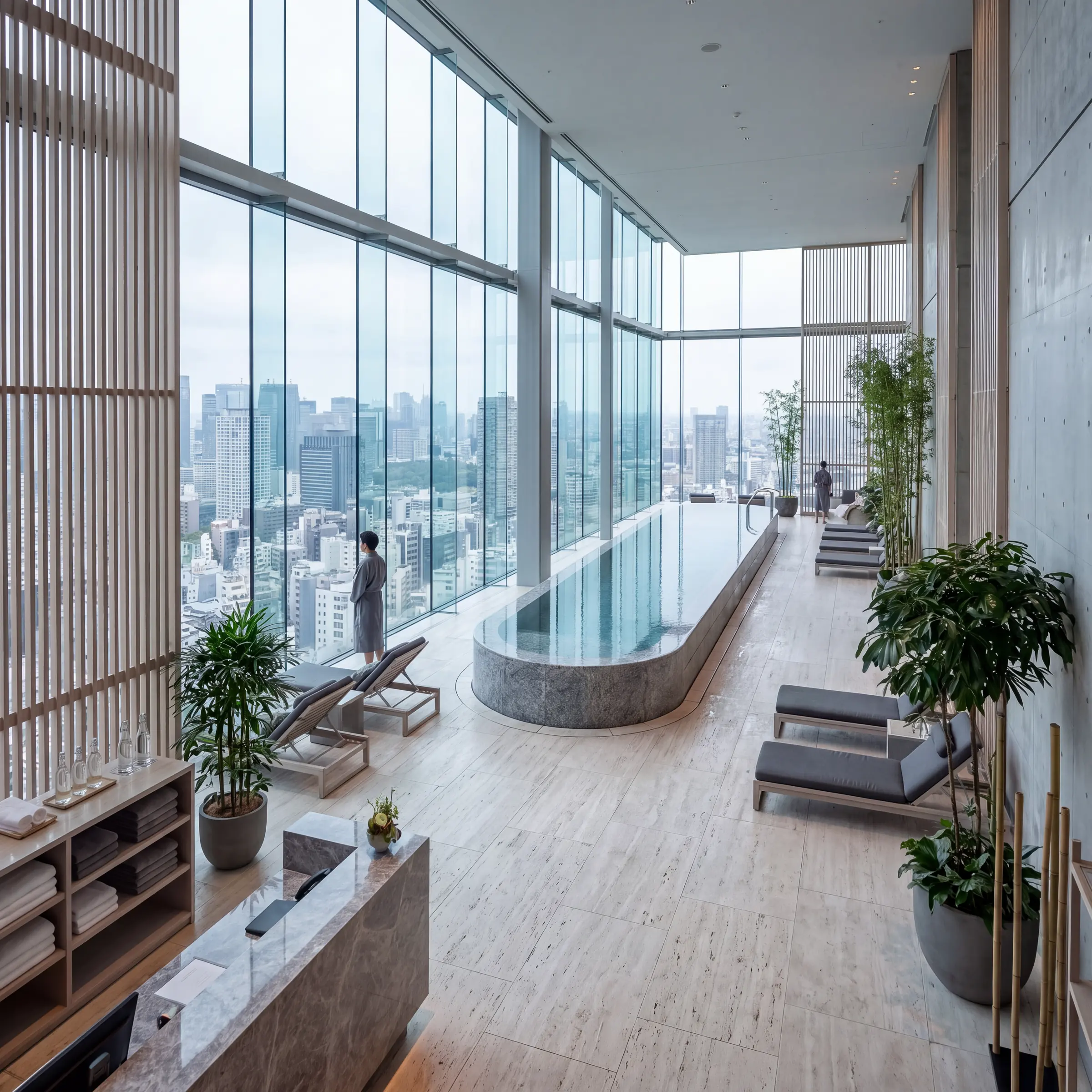 Square render of a spa with an oval pool, timber screens and plants beside floor-to-ceiling windows