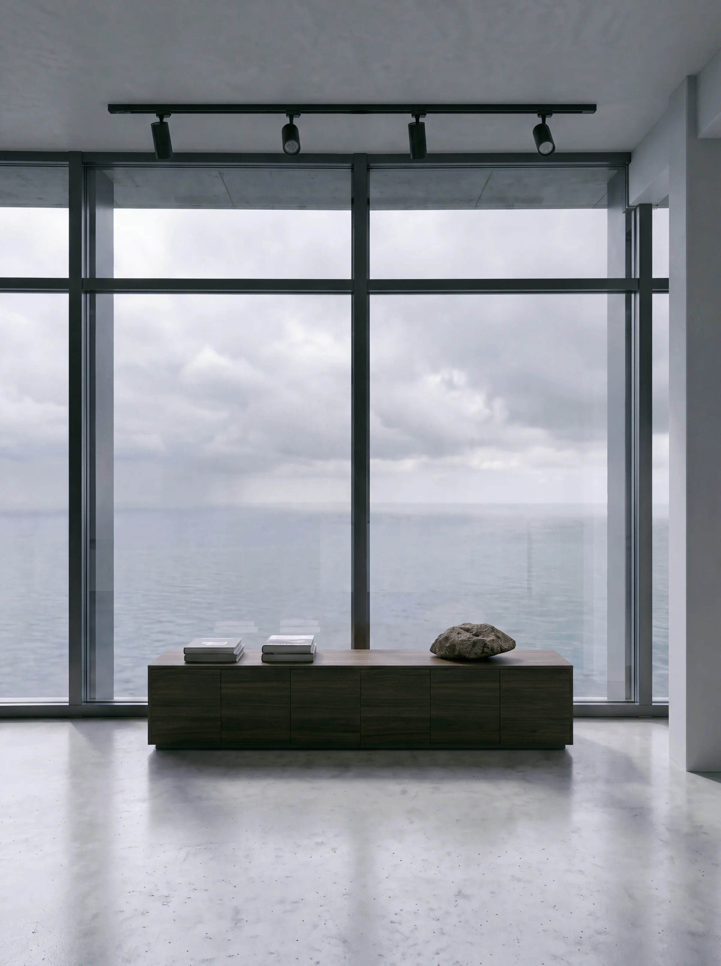 Render vertical de una sala de exposiciones con mesa expositora y un gran ventanal a un mar en calma bajo las nubes