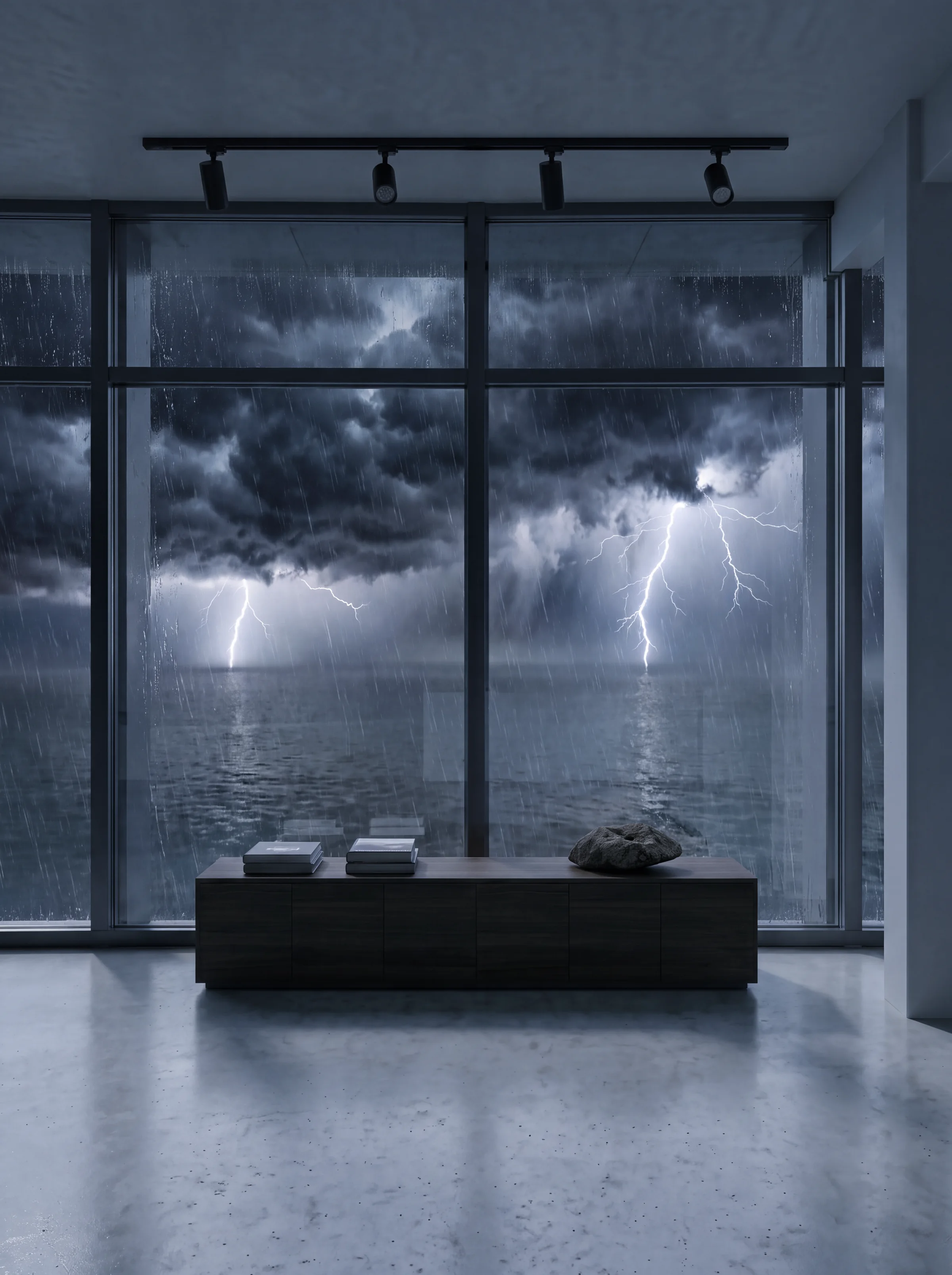 Render vertical de una sala de exposiciones con mesa expositora y un gran ventanal al mar durante una tormenta eléctrica