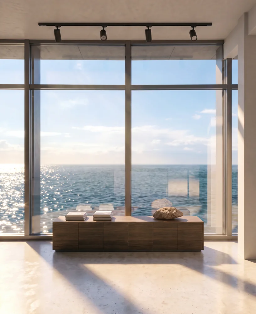 Render vertical de una sala de exposiciones con una larga mesa expositora ante un ventanal de suelo a techo abierto a un mar soleado