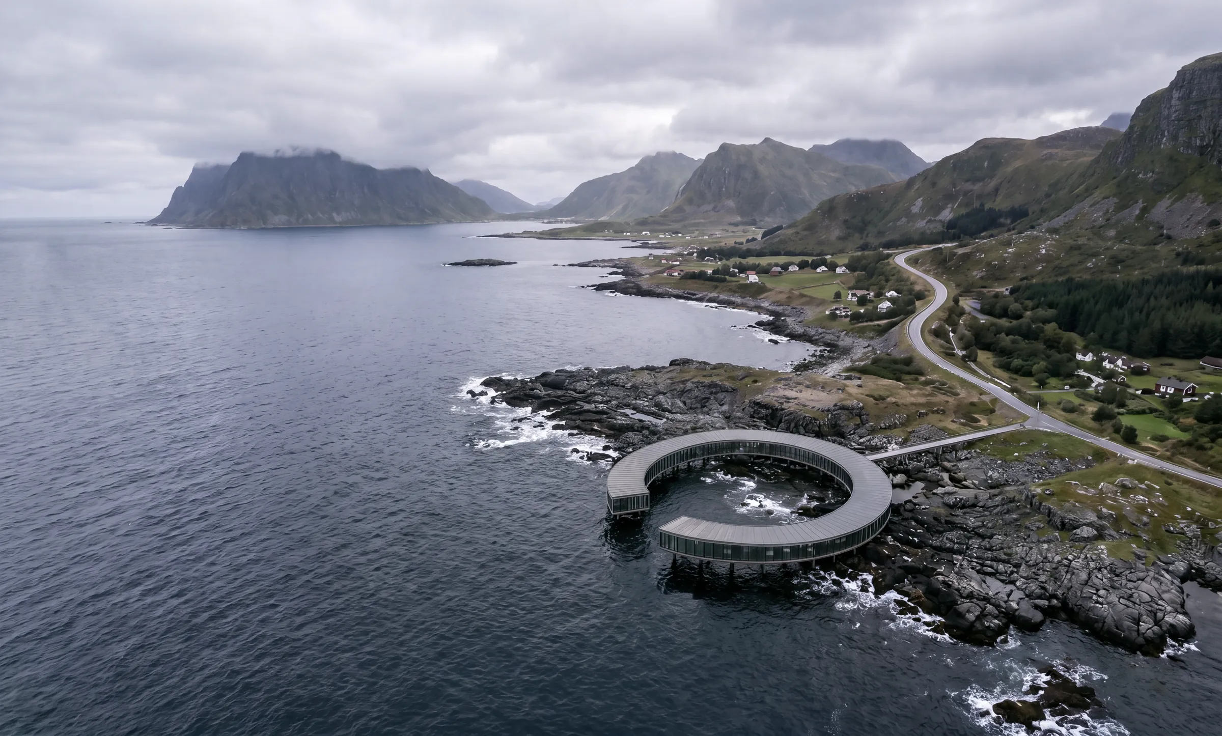 Render aéreo del anillo abierto sobre una poza de marea en la costa rocosa de Lofoten, con montañas y una carretera sinuosa bajo las nubes