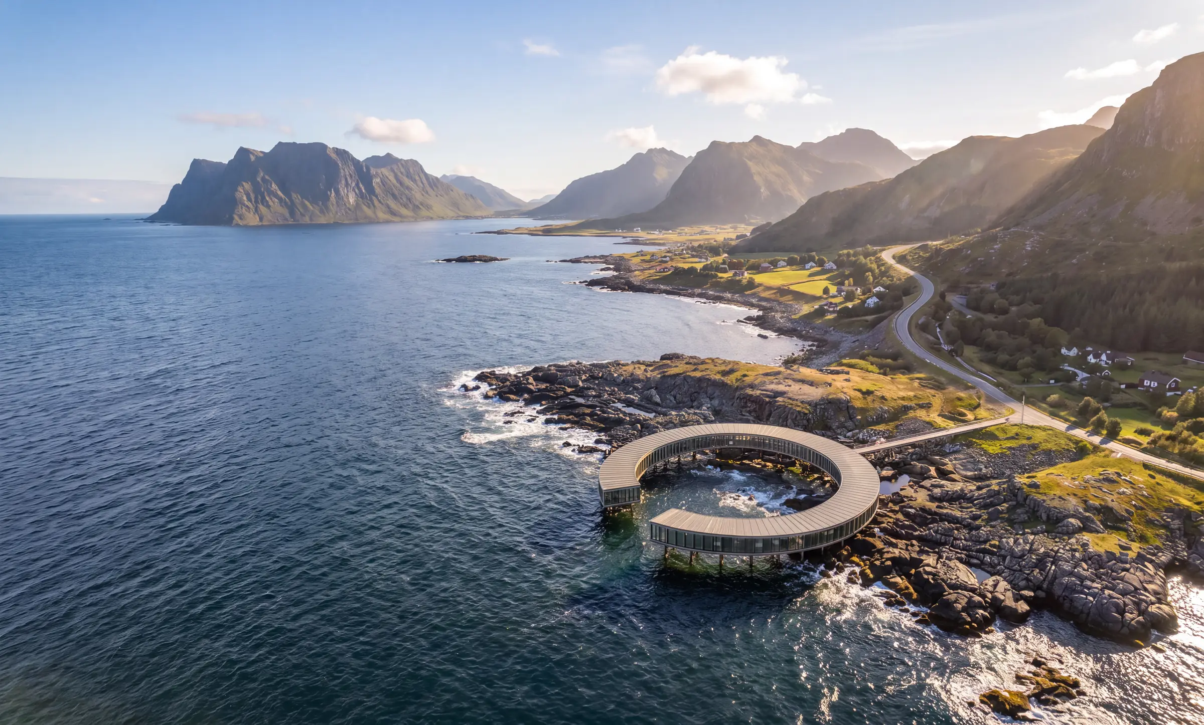 Render aéreo del anillo abierto sobre una poza de marea en la costa rocosa de Lofoten, con montañas y una carretera sinuosa al sol bajo