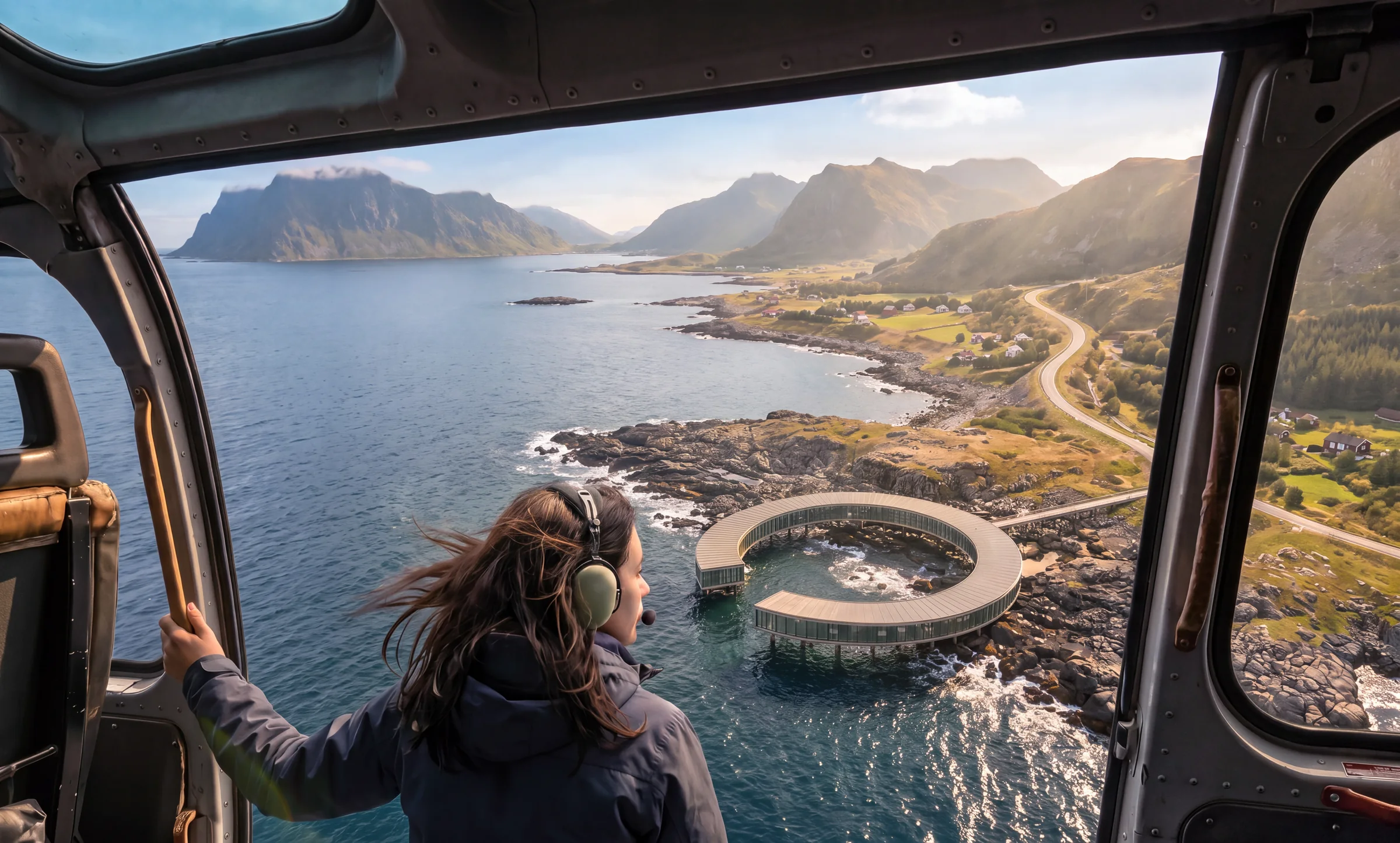 Render desde la cabina de un helicóptero con un pasajero que contempla la costa y el centro de investigación en anillo al sol bajo