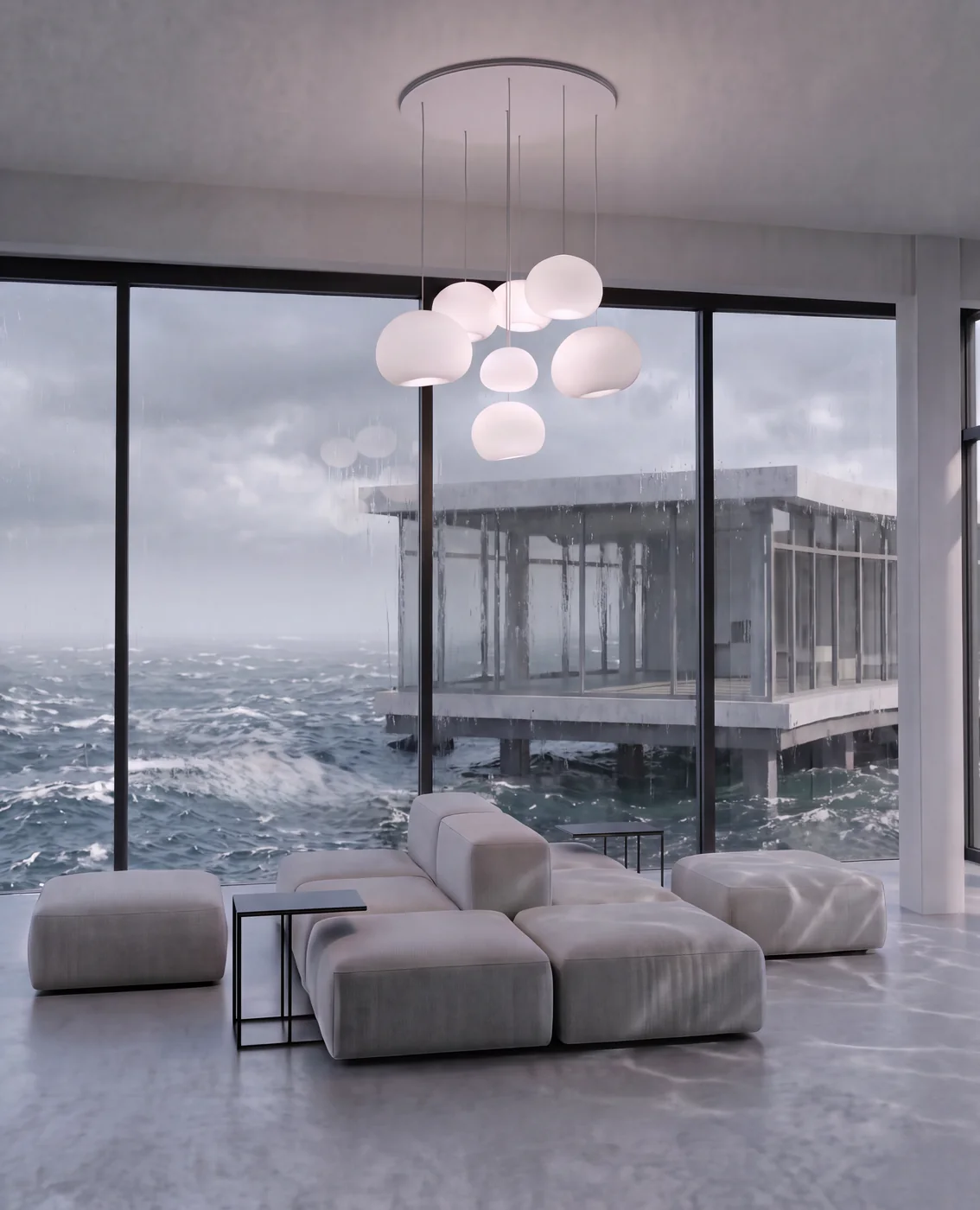 Render vertical de una zona de descanso con sofás modulares y lámparas colgantes, con vistas a un pabellón acristalado sobre pilotes y mar agitado