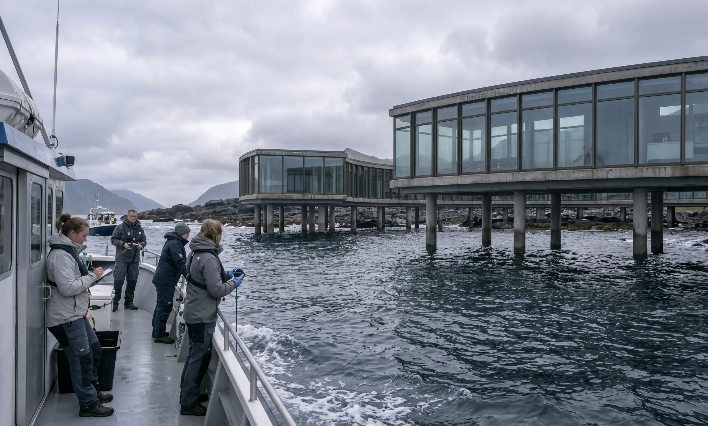 Render de científicos en la cubierta de un barco de investigación frente a pabellones acristalados sobre pilotes en el mar