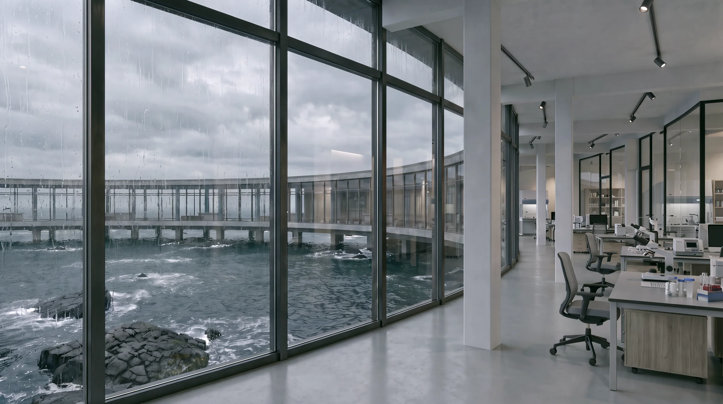 Render de un laboratorio con escritorios y mesas de laboratorio junto a un muro de vidrio con vistas a la poza de marea y al anillo