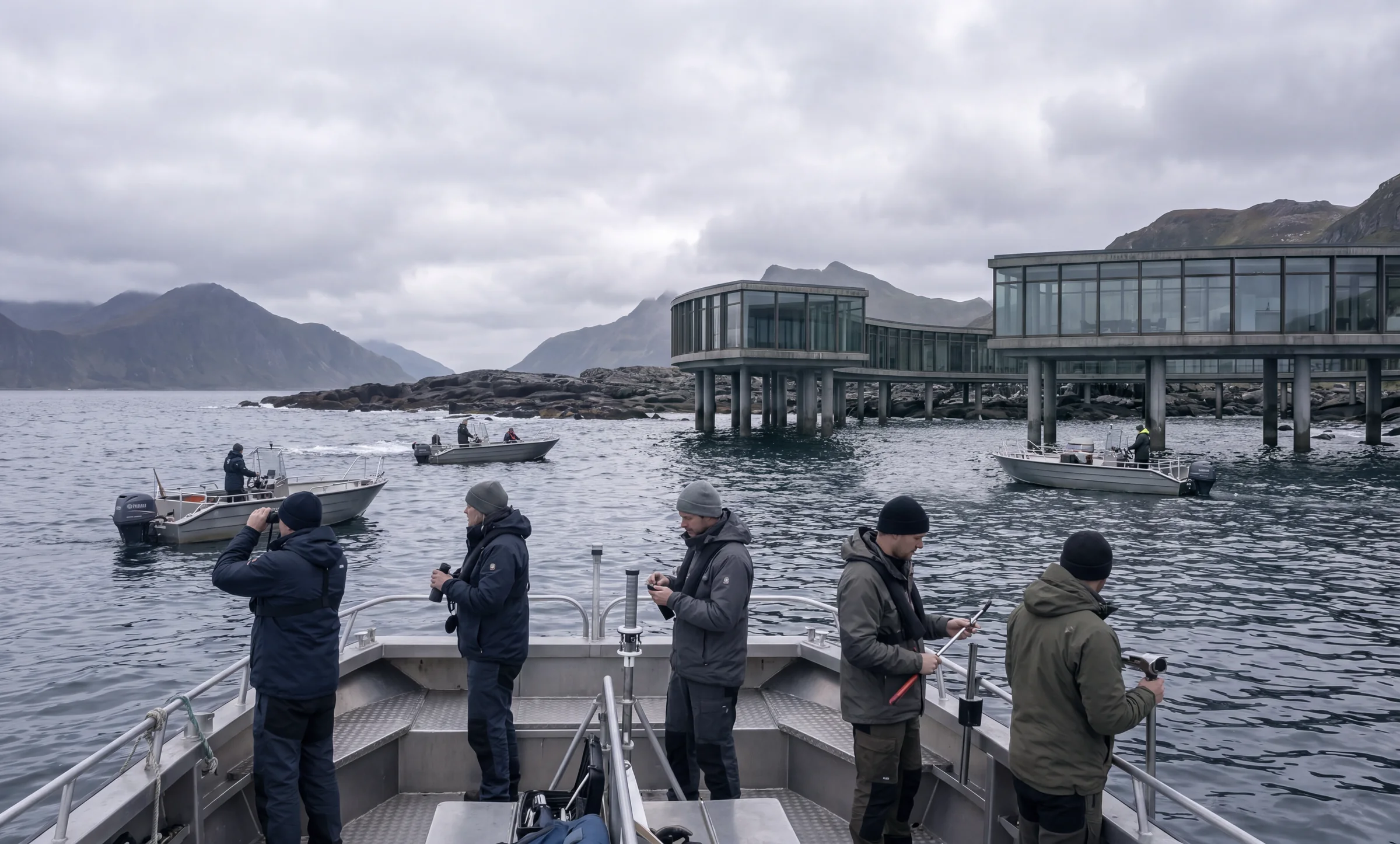 Render de investigadores con tabletas en la cubierta de un barco junto a los pabellones acristalados del centro de investigación sobre pilotes