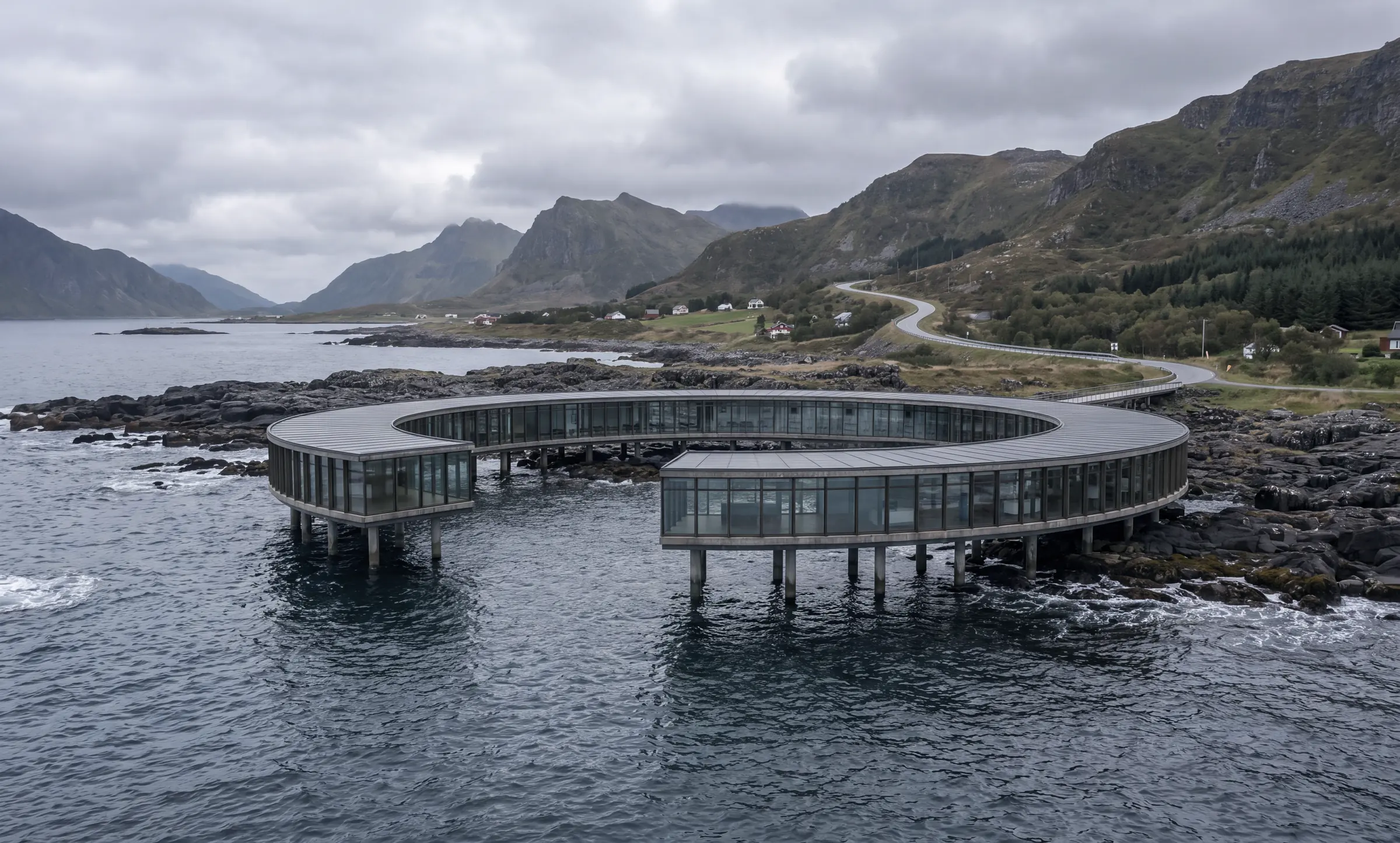 Render aéreo del anillo abierto sobre la poza de marea con montañas y una carretera sinuosa al fondo, bajo un cielo cubierto