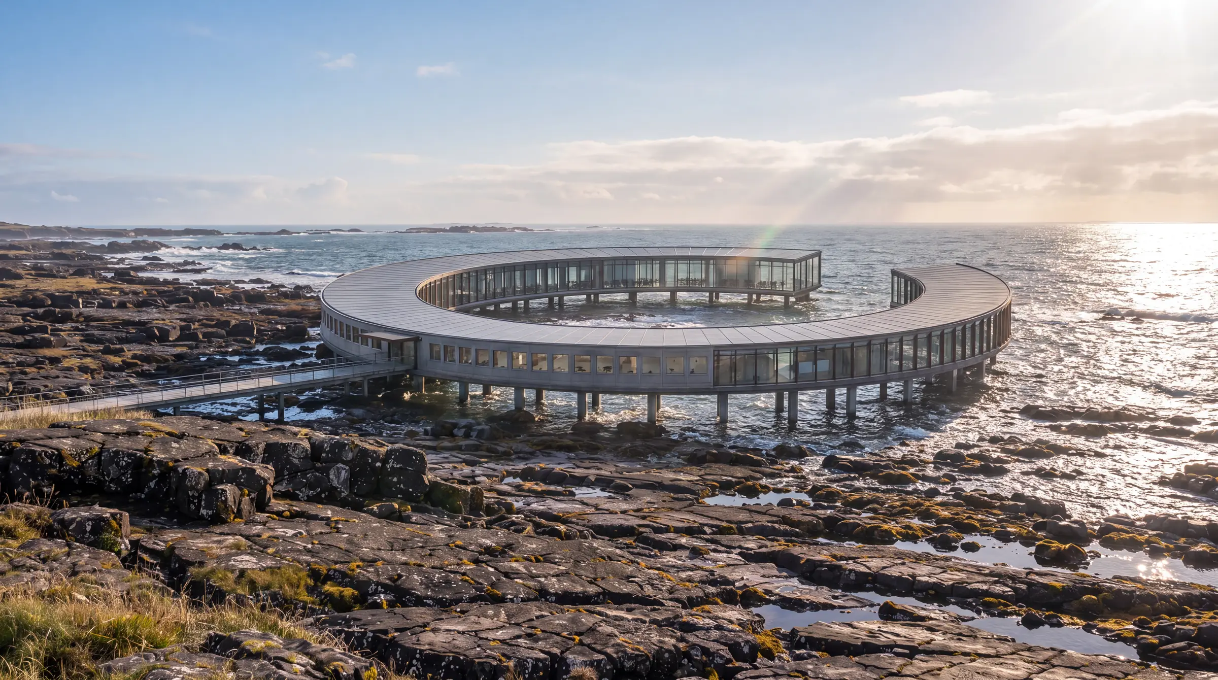 Render del centro de investigación en anillo alrededor de una poza de marea en una costa rocosa con el sol bajo sobre el mar