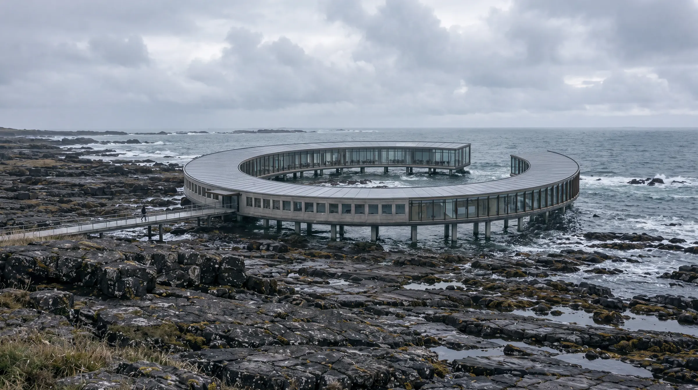 Render del centro de investigación en anillo alrededor de una poza de marea en una costa rocosa bajo un cielo cubierto