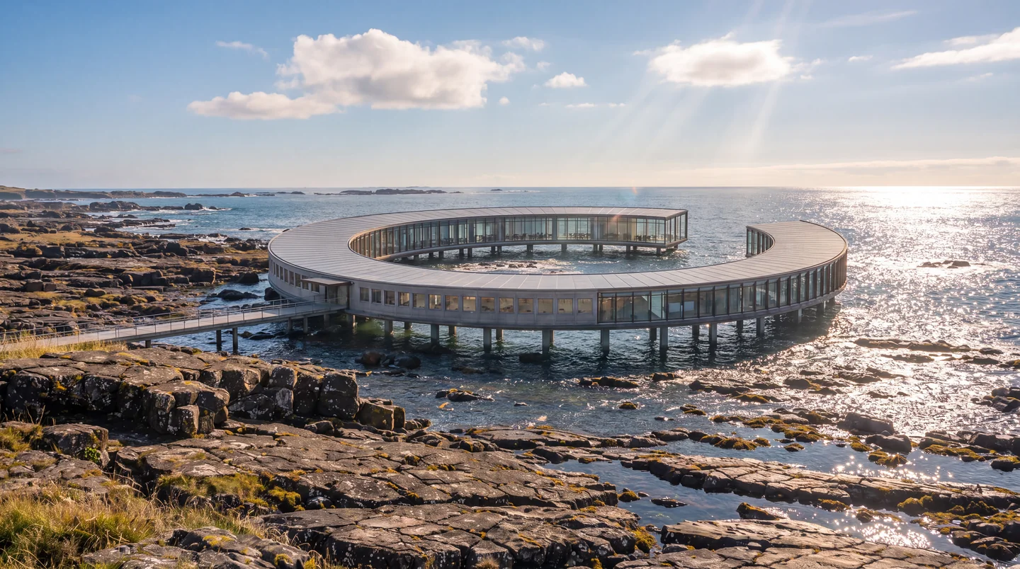 Render of a ring-shaped research center on piles around a tidal pool, with a bridge from the rocky shore in low sun