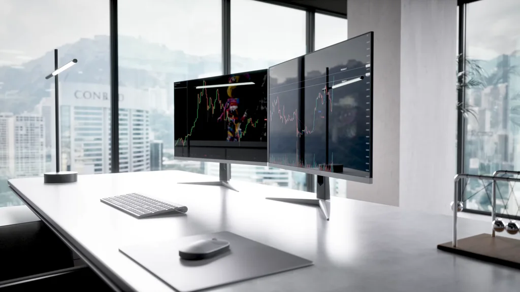 Film still of an office workspace with a city view