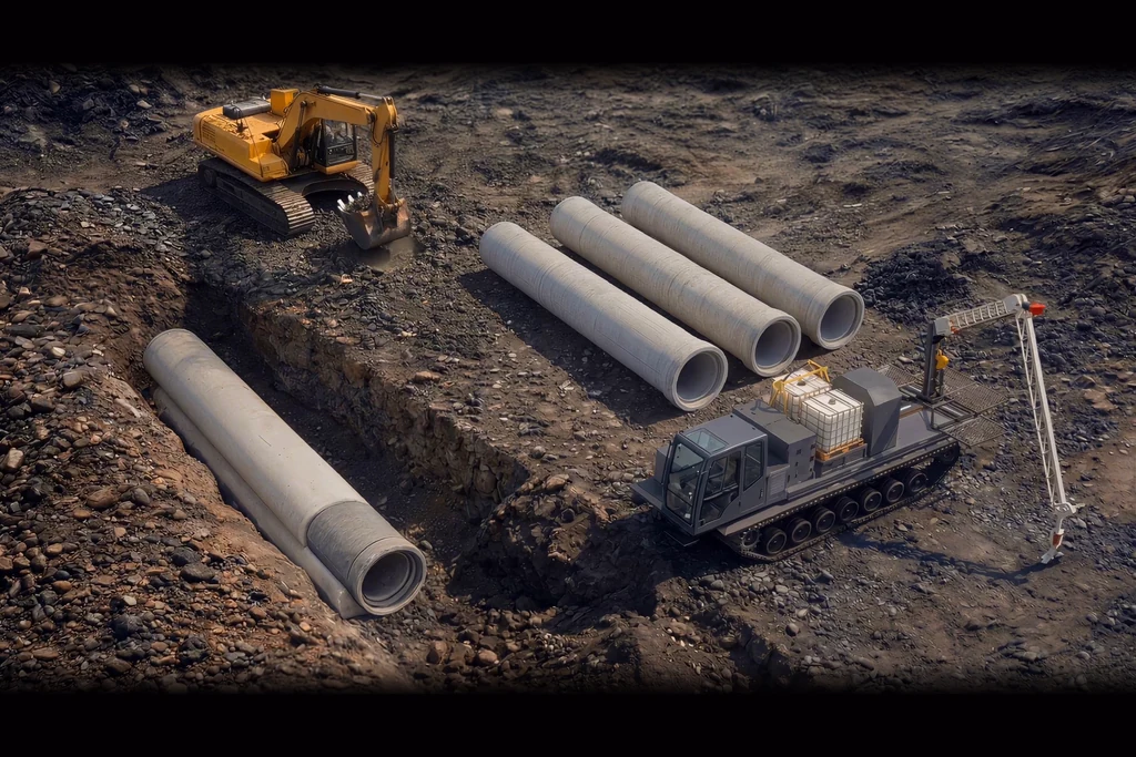 Aerial view of a trench with pipes laid out beside it and a vacuum lifter ready to pick them up