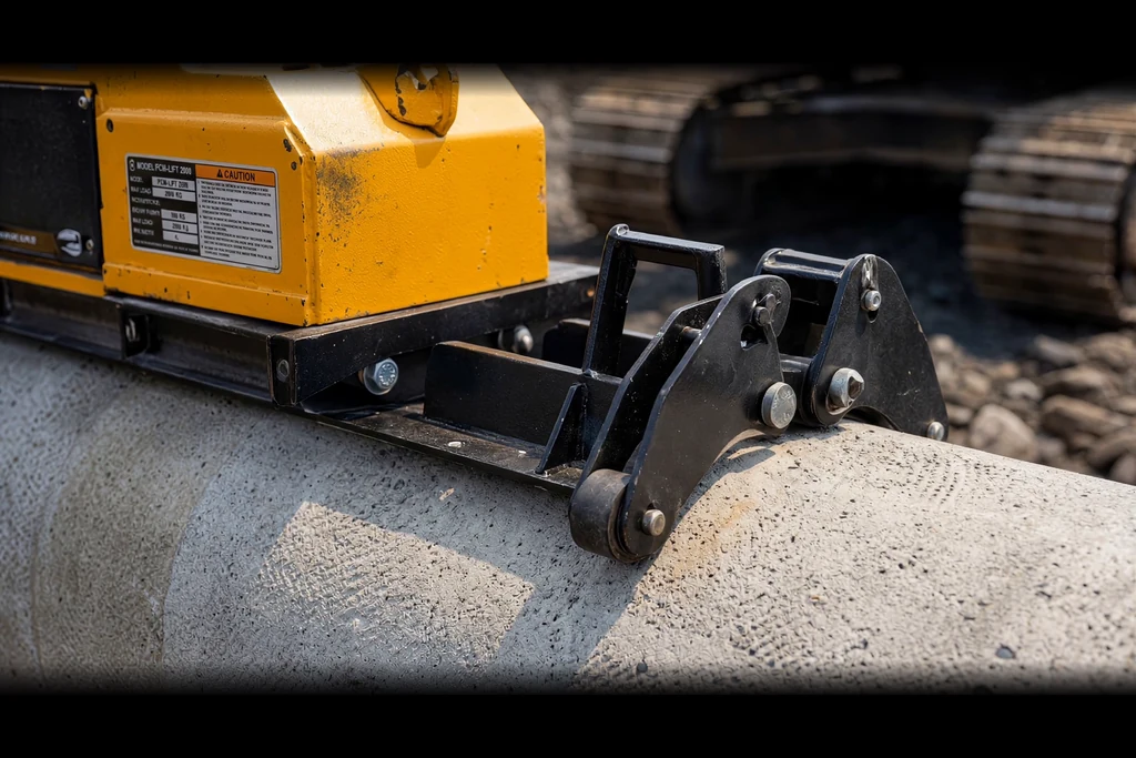 Vacuum lifter pads gripping the top of a large pipe on site