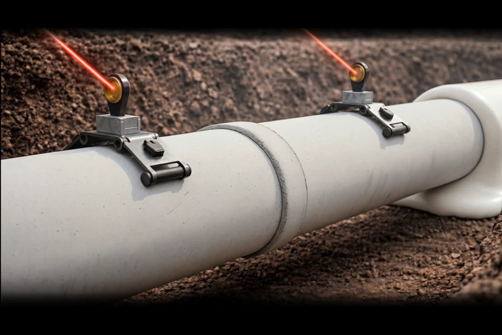 Survey laser beams on sensor brackets clamped to a pipe, tracking its position in the trench