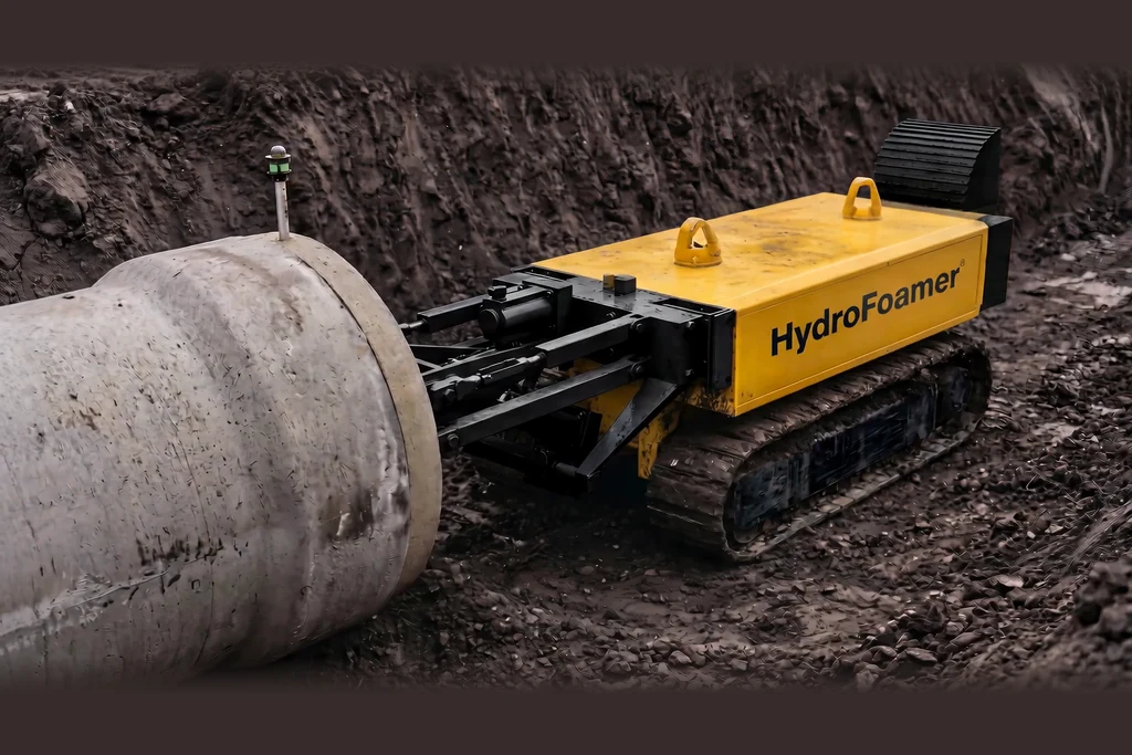 Yellow robotic jacking unit on tracks pushing a large pipe in the trench