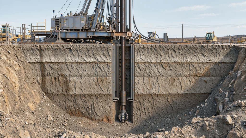3D render of a land drilling rig with the ground cut away to show the well and casing below