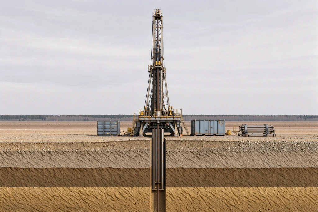 Drilling rig at a wellsite with a cutaway of the ground showing the drill string and casing in the well