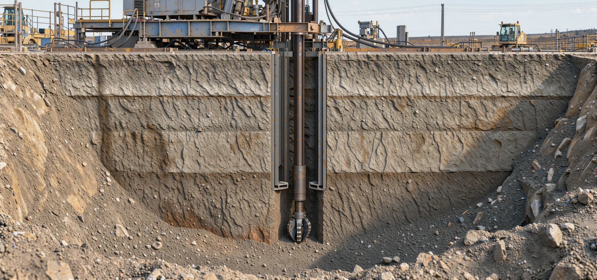 3D render of a land drilling rig with the ground cut away to show the drill string and casing in the well