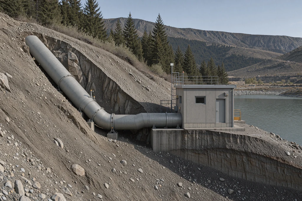 Hydropower penstock running down a slope through a cut in the ground to a power station by a lake