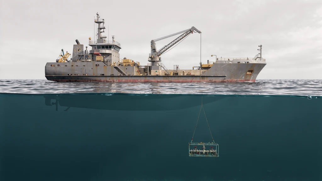 3D render of an installation vessel lowering a subsea module on a crane wire, split above and below the waterline