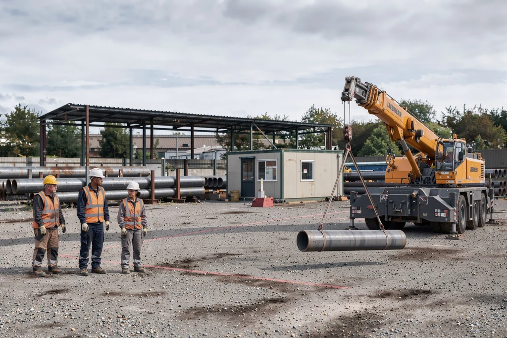 Crew in hard hats and hi-vis vests at a pipe yard, with a crane lift zone marked on the ground