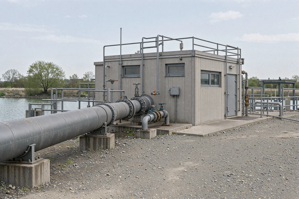 Utility pumping station with a large water pipeline entering the building