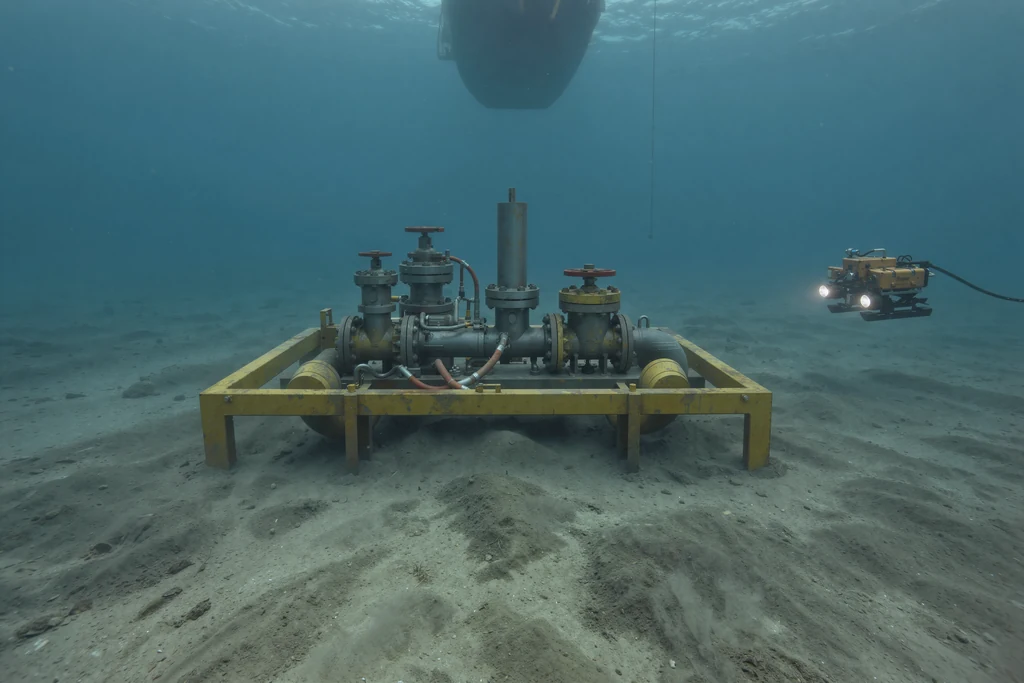 Subsea manifold on the seabed with an ROV beside it and the hull of an installation vessel above