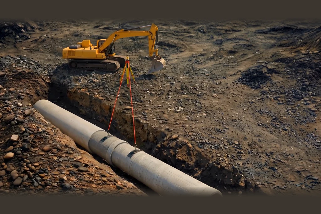 Overhead view of a pipe in an open trench with survey lines and an excavator working further along